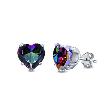Heart Stud Earrings Simulated Rainbow CZ 925 Sterling Silver (4mm-8mm)